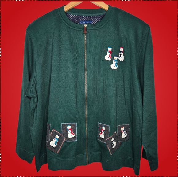 Vintage Karen Scott Holiday Cardigan Full Zip Size Green Snowman Christmas NWT - Picture 1 of 16